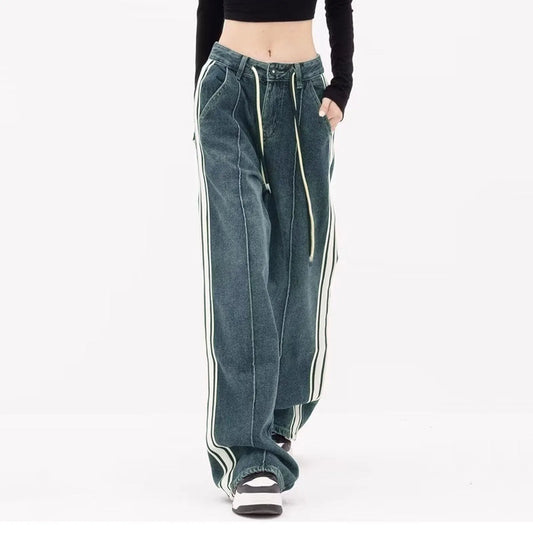 Harajuku Y2k Trendy Denim Pants Women Striped Drawstring High Waist Jeans Korean Style Vintage Loose Wide Leg Trousers