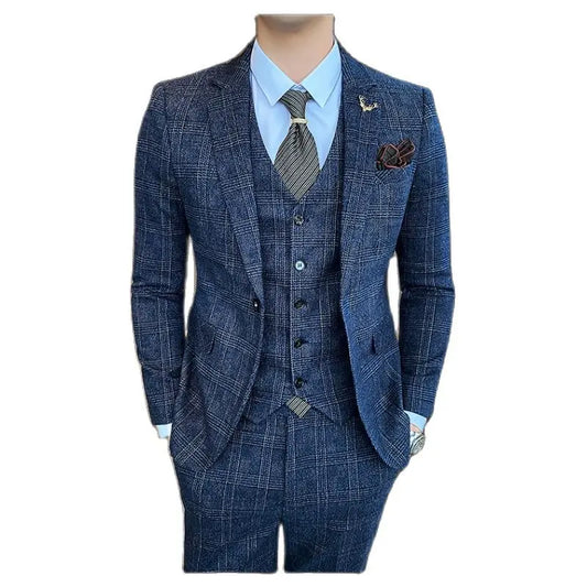 Coffee Brown Men Striped Plaid 3-Piece, Dark Blue Wedding Party Slim Fit Blazers Jacket and Vest with Pants, Asian Size M-5XL