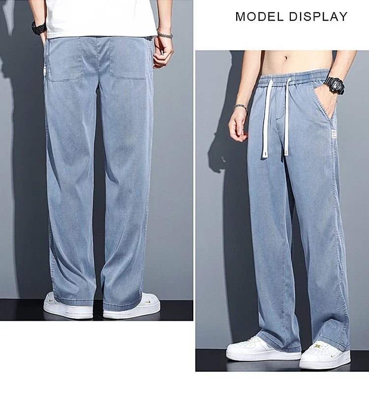 Summer Soft Lyocell Fabric Men's Jeans Thin Loose Straight Pants Drawstring Elastic Waist Korea Casual Trousers Plus Size M-5XL