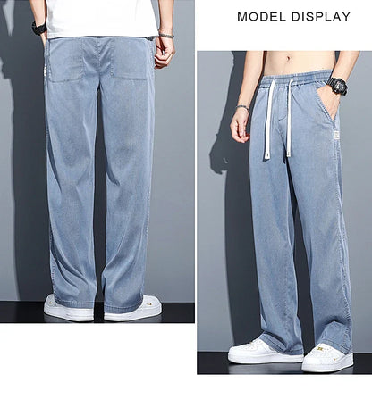 Summer Soft Lyocell Fabric Men's Jeans Thin Loose Straight Pants Drawstring Elastic Waist Korea Casual Trousers Plus Size M-5XL