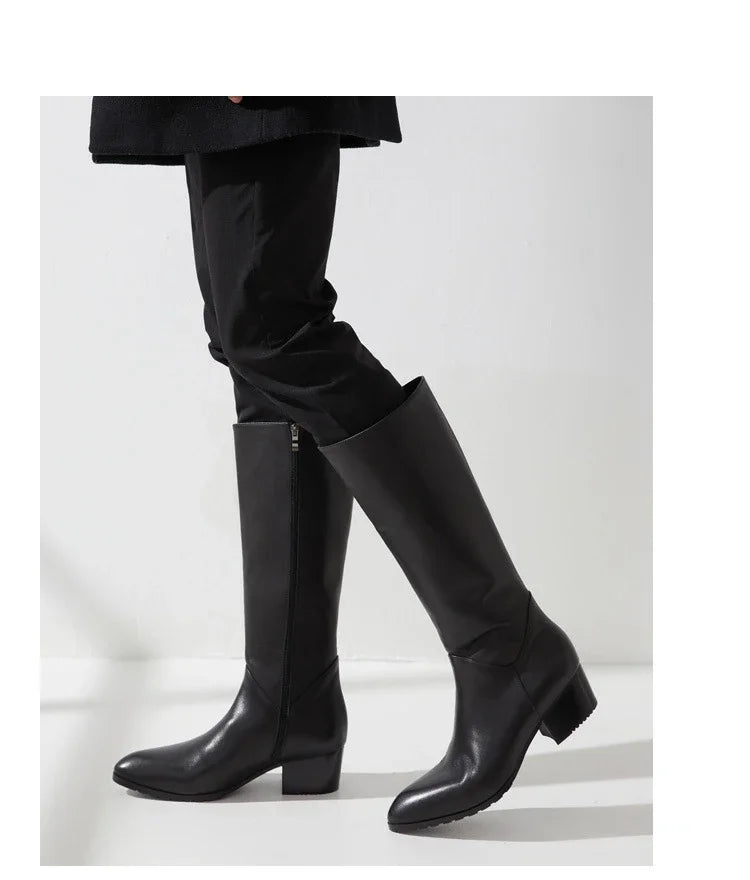 Italian Classic Men's Knee High Boots 5 Cm Heels Luxury Genuine Leather Comfortable Winter Warm Black Business Shoes Boots Man