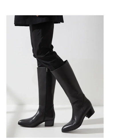 Italian Classic Men's Knee High Boots 5 Cm Heels Luxury Genuine Leather Comfortable Winter Warm Black Business Shoes Boots Man