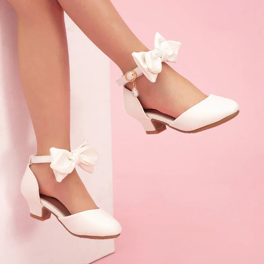 New Children High Heels Ankle-strap Bowknot Girl Princess Dress Sandals Sweet Wedding Party Versatile Kids Fashion Catwalk Shoes