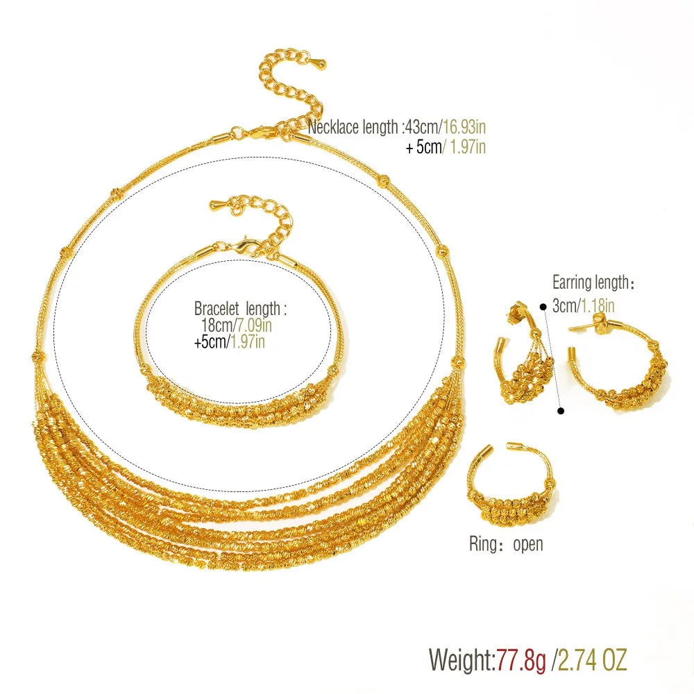 Exquisite Brazilian Gold Plated Wedding Jewelry Set Hight Quality Copper Beads Necklace Multi Layered Bracelet C Earring