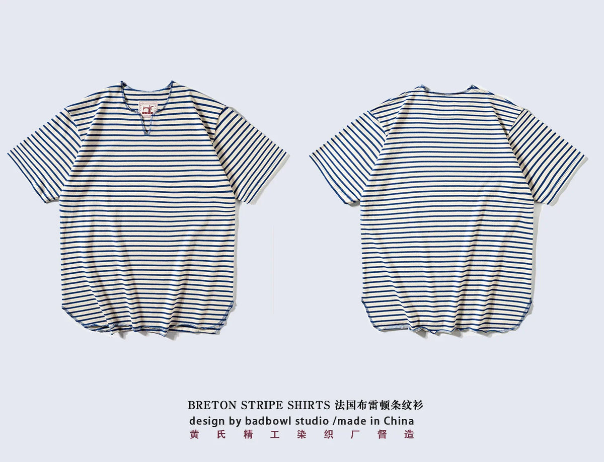Summer men's pure cotton T-shirt, retro striped V-neck T-shirt from the United States, fashionable and versatile casual style