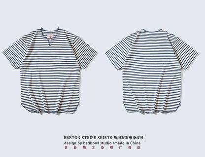 Summer men's pure cotton T-shirt, retro striped V-neck T-shirt from the United States, fashionable and versatile casual style