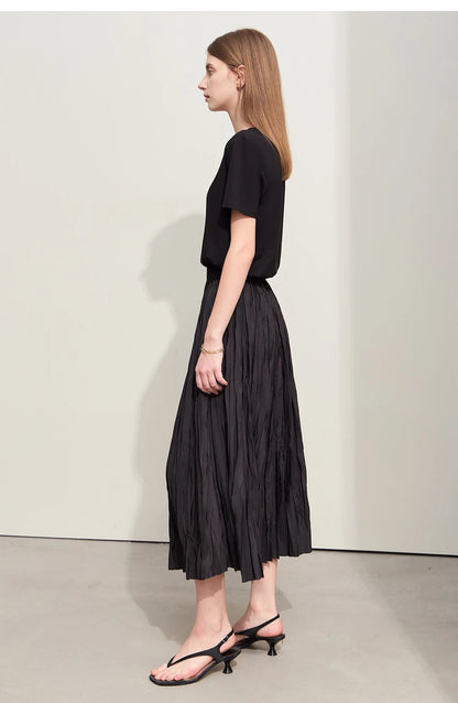 Minimalism Pleated A-Line Skirts Women 2024 Summer New Baiscs Rubber Band Waist Irregular Loose Large Hem Skirt 12442081