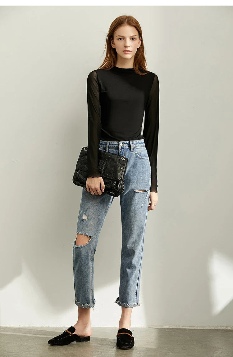T-shirt Women's Autumn 2025 New Semi-turtleneck Long Sleeve T-shirt Slim-fitting Casual Bottoming Shirt Mesh Top 12421001