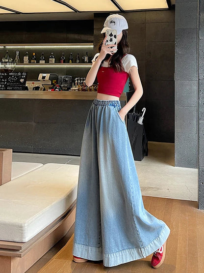 Casual High Waist Wide Leg Jeans Women's Loose Fit Summer Faion plus Size American Sle Cuffed Casual Denim Skirt Pants