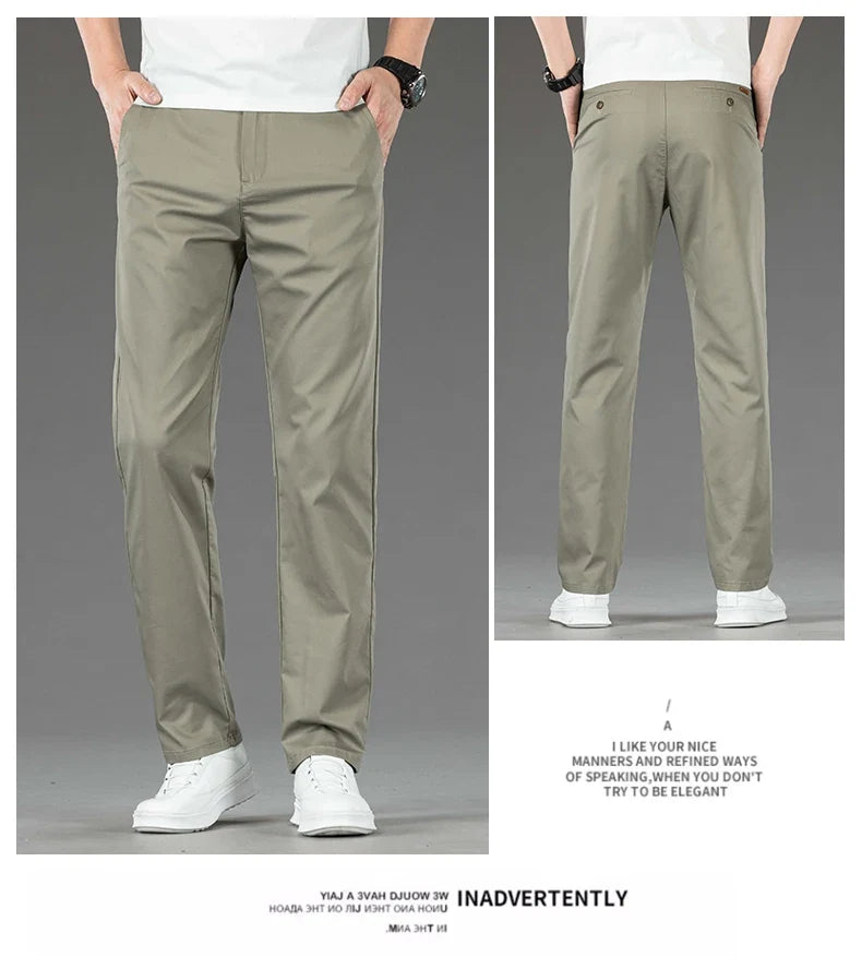 Spring Summer New Men's Casual Pants Thin Mulberry Silk Soft Business Casual Trousers Slim Straight Elastic Suit Pants Male