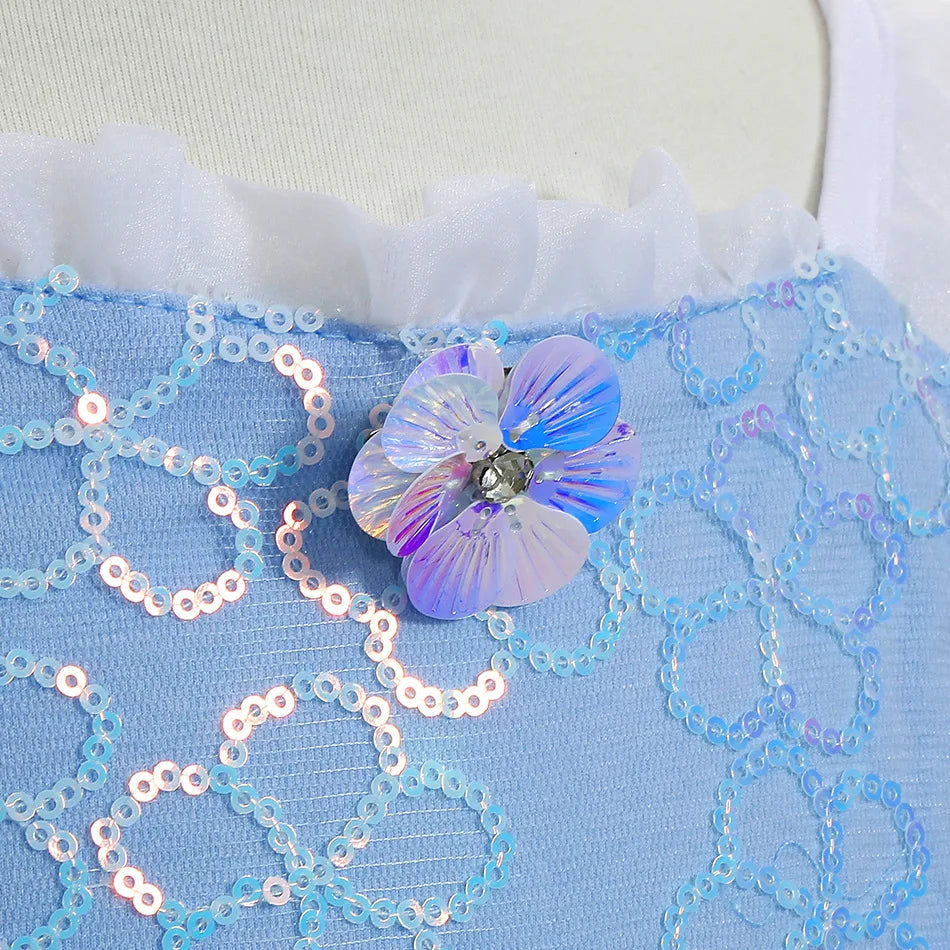 Princess Cinderella Girls Cosplay Cinderella Blue Short Sleeves Costume Kid Halloween Birthday Party Dress + Sleeves Suit