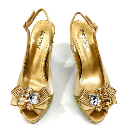 Shoes for Women High Heels INS Style Rhinestone Peep Toe Bow Gold Color New Italian Shoes and Bag for Party 2024