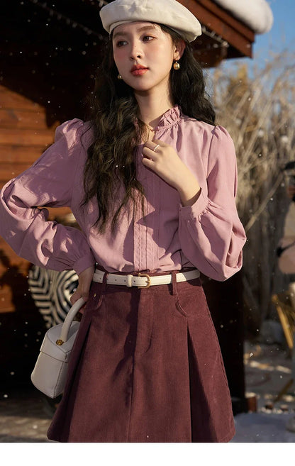 French Autumn Winter Button Up Lantern Long Sleeve Shirts Women Ruffle Neck Thick Warm Blouse Flannel Shirt MXC56X1320