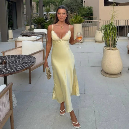 Women Sexy V-neck Satin Sling Maxi Dresses Chic White Lace Patchwork Sleeveless Backless Slim Gowns Summer Evening Party Dress