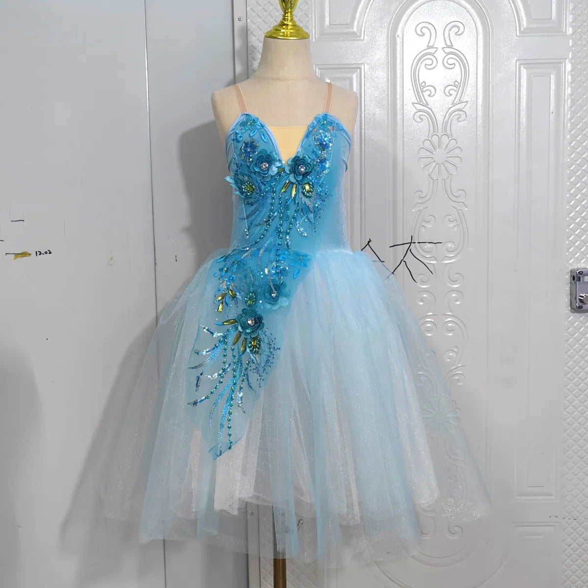 Long Ballet Tutu Skirts Blue 3d Flower Dress Performance Costumes Princess Dance Practice Romantic Dress