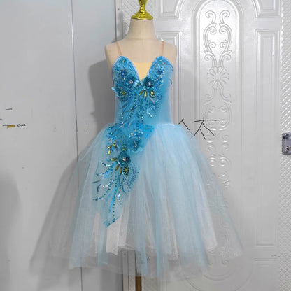 Long Ballet Tutu Skirts Blue 3d Flower Dress Performance Costumes Princess Dance Practice Romantic Dress