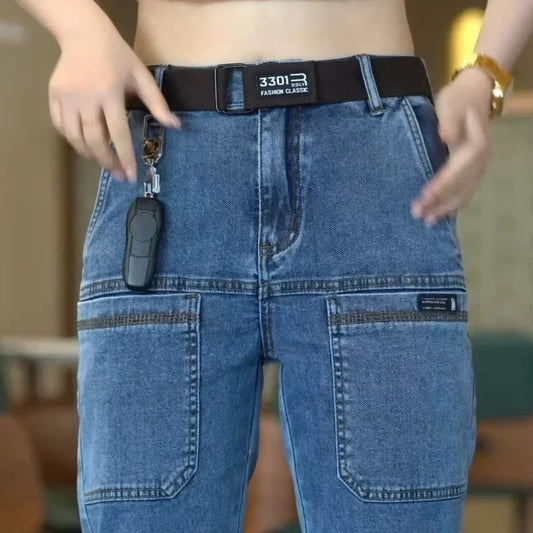 Spring Summer Thin Six Pocket Men's Jeans Elastic Straight Leg Casual Slim Fit Jeans Versatile Multi-Pocket Long Y2K Denim Pants