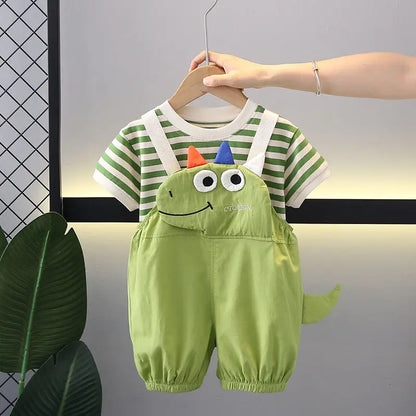 Summer Kids Boys Clothing Toddler Casual Dinosaur Clothes Strips T Shirt Cartoon Bib  Short Pants 2Pcs/Set Children Suit Sets
