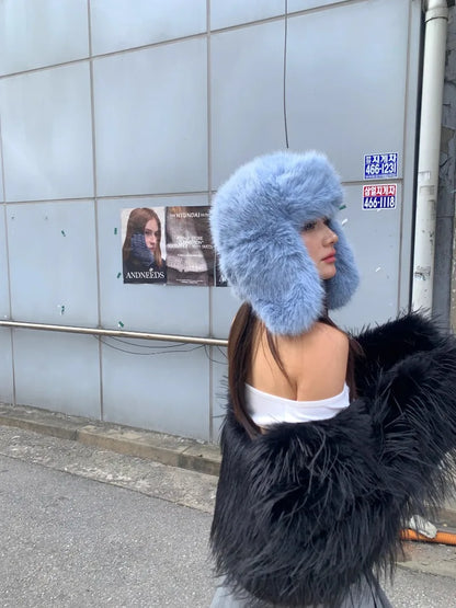 Korean Ins Imitation Mink Plush Hat Winter Women Ear Protection Bomber Hats Fashion Warm Fluffy Faux Fur Ski Beanies Y2k Gift