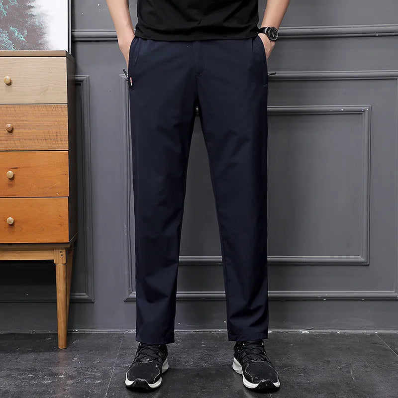 Men's Summer Cargo Pants Big Size Ice Silk Stretch Breathable Straight Leg Pants Quick Dry Elastic Lightweight Long Trousers