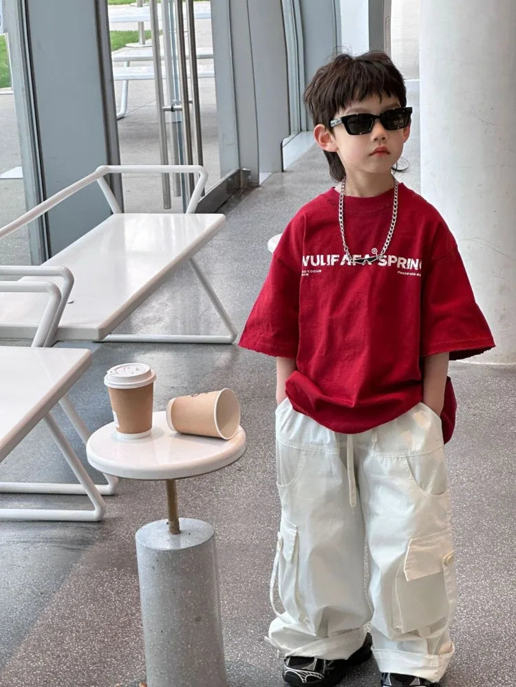 Red Cotton T-Shirt for Tween Boys Girls Loose Fitting Trendy Unisex Summer Top with Embroidered Letters Youthful Casual Wear