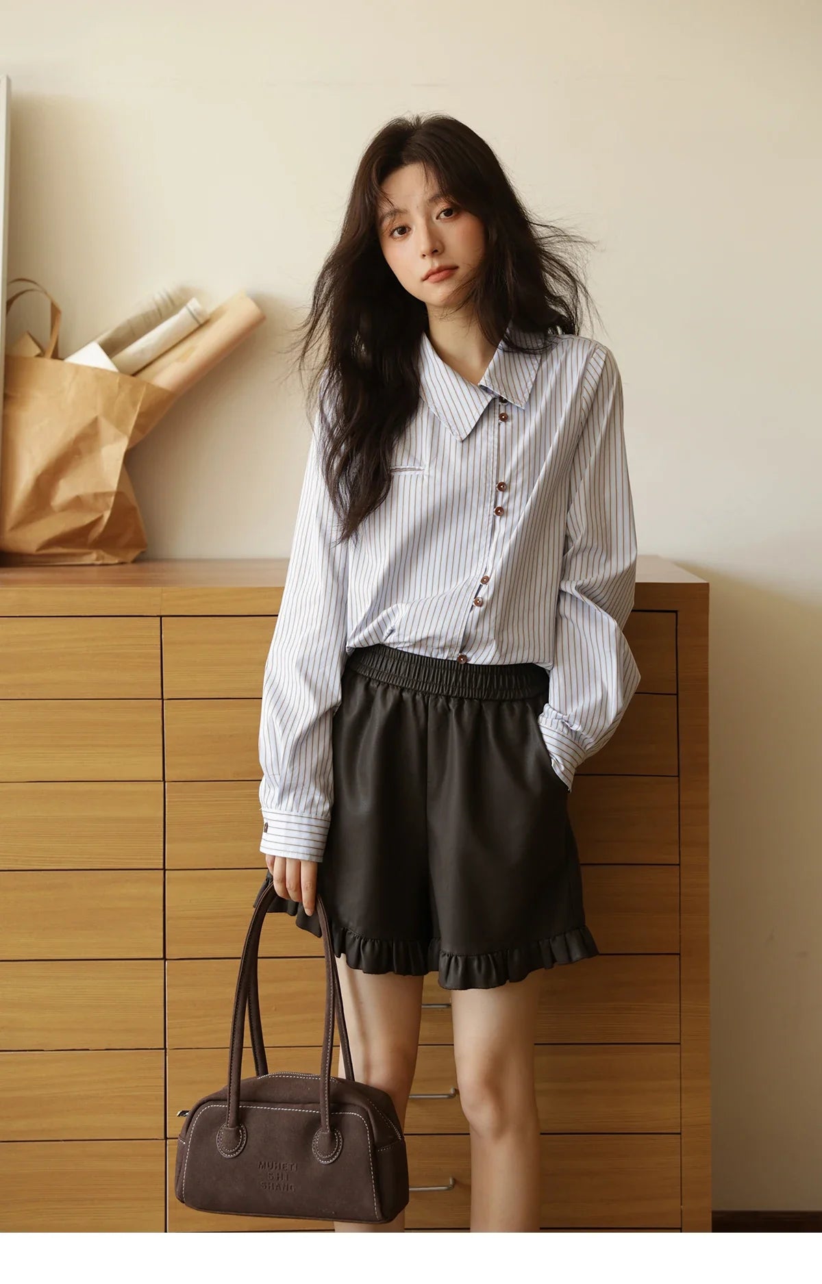 Women's Striped Asymmetric Shirt 2025 Autumn New Arrival Vintage Loose Long Sleeve Tops Commuter Woman Clothes MXE42C2375