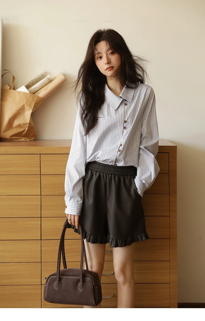 Women's Striped Asymmetric Shirt 2025 Autumn New Arrival Vintage Loose Long Sleeve Tops Commuter Woman Clothes MXE42C2375