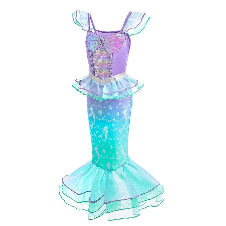 Halloween Costume Mermaid Dress Girl Ruffles Shell Fishtail Frocks Ariel Fantasy Luxury Princess Gown Children Fancy Fairy Dress