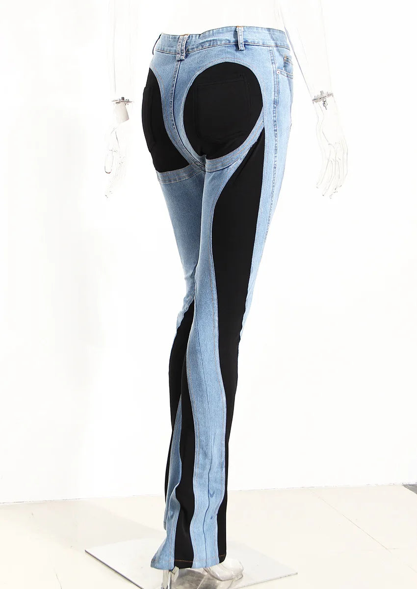 Jeans Women Pencil Pants 2023 Fashion High Waist Contract Color Patchwork Split Long Denim Pants Elastic Skinny Trousers