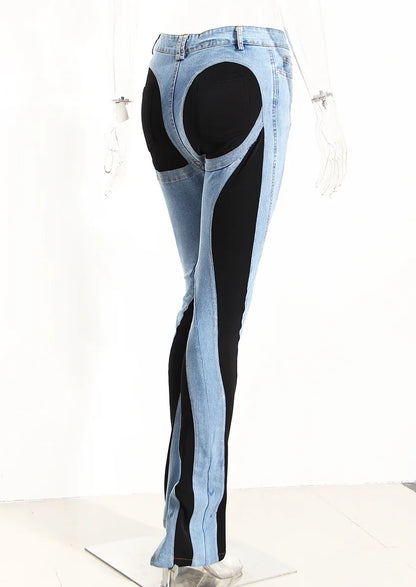Jeans Women Pencil Pants 2023 Fashion High Waist Contract Color Patchwork Split Long Denim Pants Elastic Skinny Trousers