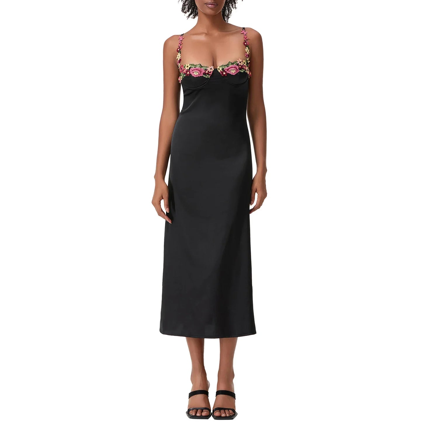 Satin Sling Bodycon Long Dress Women Flower Embroidery Sleeveless Spaghetti Strap Cocktail Dress Summer Party Club Skinny Dress