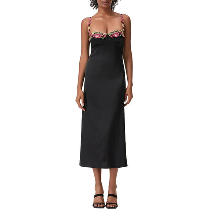 Satin Sling Bodycon Long Dress Women Flower Embroidery Sleeveless Spaghetti Strap Cocktail Dress Summer Party Club Skinny Dress