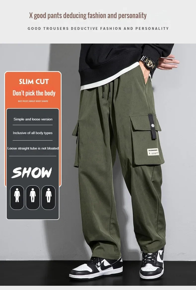2026 Cargo Pants Men Straight Fit Wide Leg Fleece Lined Trouser Male Winter Fashion Loose Baggy Large Plus Size Warm Streetwear