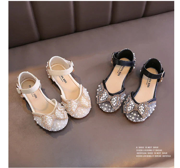 Girls Party Shoes Elegant Rhinestone Fashion Children's Leather Shoes Versatile Sweet Kids Princess Wedding Dress Flats Sandals