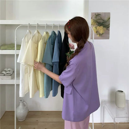 2025 Women's Summer Short-sleeved Jacket Casual All-match Loose Double-breasted Blazers Coat Woman Korean Chic White Blazer