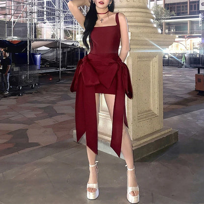 Fashion Red Bowknot Mini Dress Straps Square Collar Sleeveless Backless Vintage Cute Ladies Slim Party Short A-line Dresses