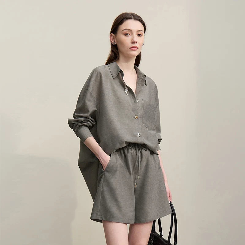 Women's Casual Shirts 2026 Summer New Holiday Style Separate Shorts Long Sleeve Top Single Loose Solid Shorts 12652027