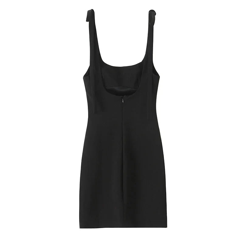 Women Fashion Solid Lace Up Backless Zipper Mini Dress Vintage Straps Square Collar Female Chic Lady Dresses