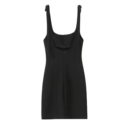 Women Fashion Solid Lace Up Backless Zipper Mini Dress Vintage Straps Square Collar Female Chic Lady Dresses