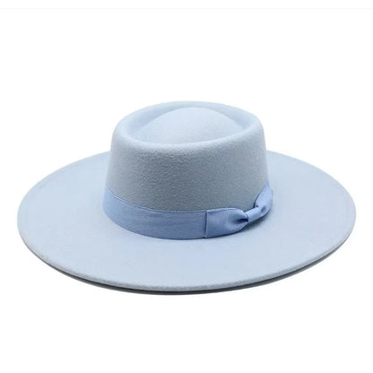 9.5cm Brim Round Top Hat Solid Color Fedoras Bow Flat Top Boater Style Panama Hats for Women Men Party Wedding Church Felt Caps