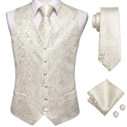 Beige Yellow Silk Mens Vest Hanky Cufflinks Set Jacquard Floral Social Waistcoat Sleeveless Jacket for Wedding Business
