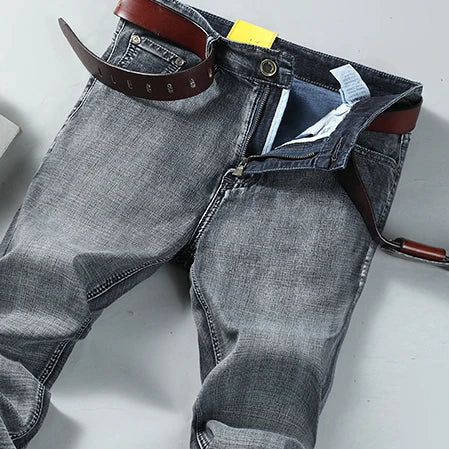 Spring Autumn Business Men Jeans Casual Straight Stretch Fashion Classic Black Sky Blue Grey Work Denim Trousers Brand Clothing