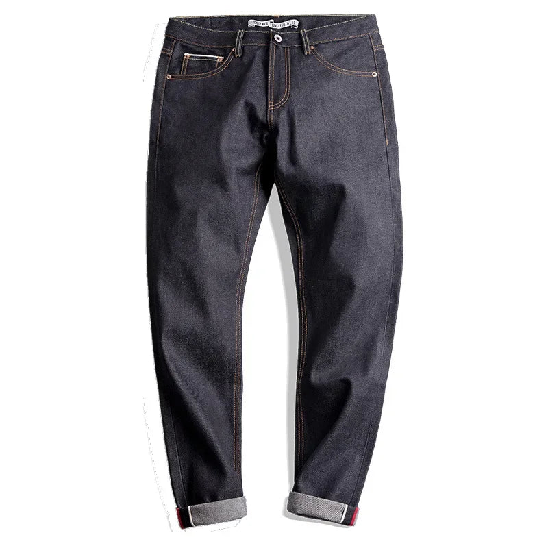 Retro 14.5oz Selvedge Raw Denim for Men's Jeans with YKK Zipper Fly Embroidery Straight Jeans Classic Solid Color Trousers