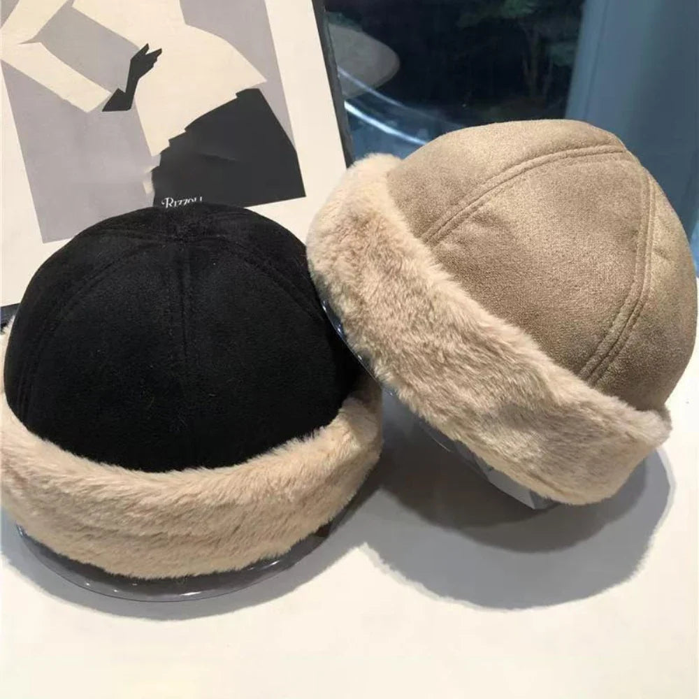 New Autumn Winter Cap for Men Women Thick Warm Lamb Fleece Lined Bomber Hat Male Female Solid Plain Suede Russian Fur Hat