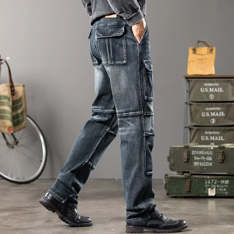 Autumn and winter new styles Men's Outdoor Wide Leg Workwear Multi-Pocket Jeans Straight fit plus size men's jeans  42 44