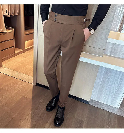 Autumn Winter High Waist Business Dress Pants Men Casual Belt Design Slim Suit Pants Formal Wedding Social Party Male Trousers