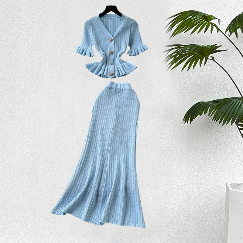 Brand Fashion One-piece Knitted Maxi Dress Women Elegant V-neck Ruffled Slim Waist Bodycon Sweater Dress Party Vestido