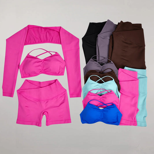 Yoga Vision Shrug 3 Pieces Top Leggings Gym Set Women's Seamless High Elastic Longline Vest Buttock lift  Exercise Shorts Set