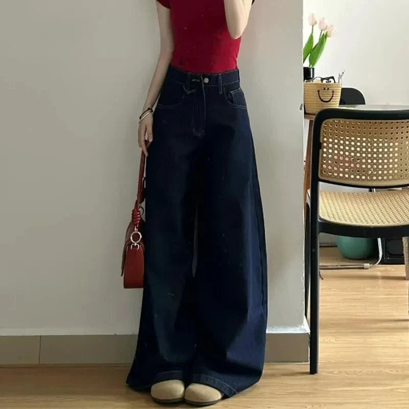 Deep Blue Wide Leg Straight Cut Jeans Women's Loose Fitting Slimming Trousers High Waist Long Pants Autumn Faion Trend