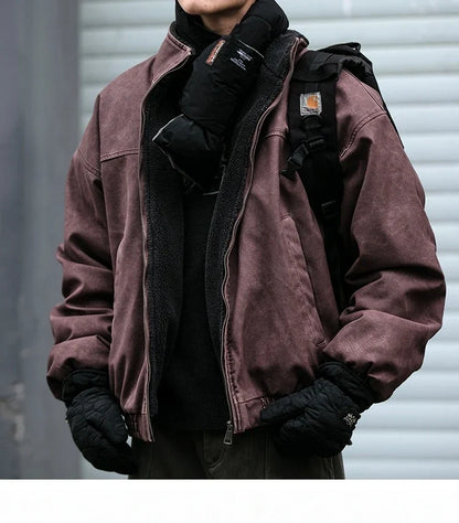 Winter Heavyweight Mens Jacket Japanese Vintage PU Coated Windproof Thick Fleece Lined Warm Distressed Streetwear Long Coat Male